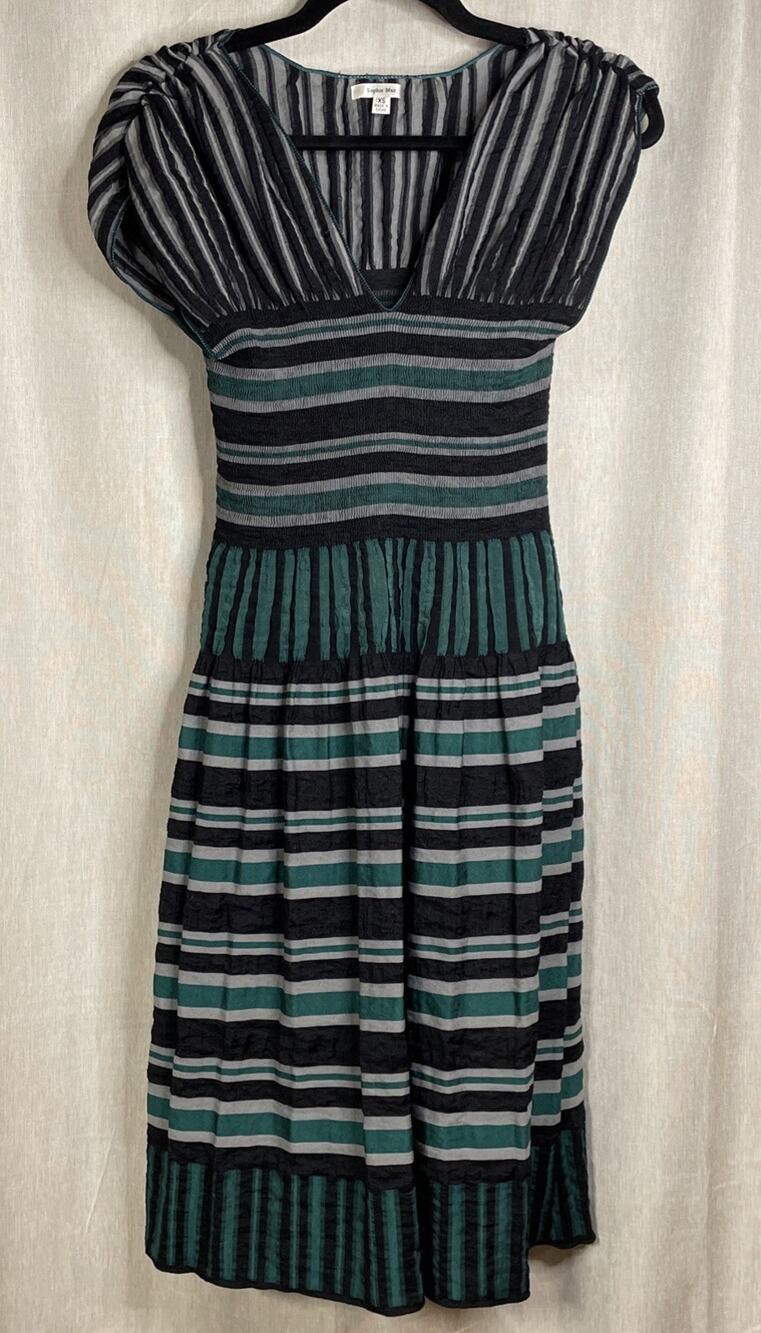 Sophie Max Dress Size XS Vneck Black,Green,Grey Striped Knee Length - Stretches